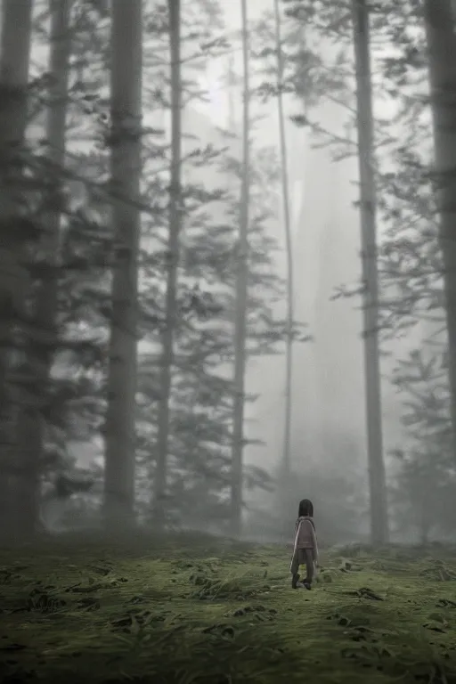 Image similar to a cinematic shot of a young woman with dark hair holds a baby in a dark, foggy forest, octane render, nvidia raytracing demo, closeup, masterpiece