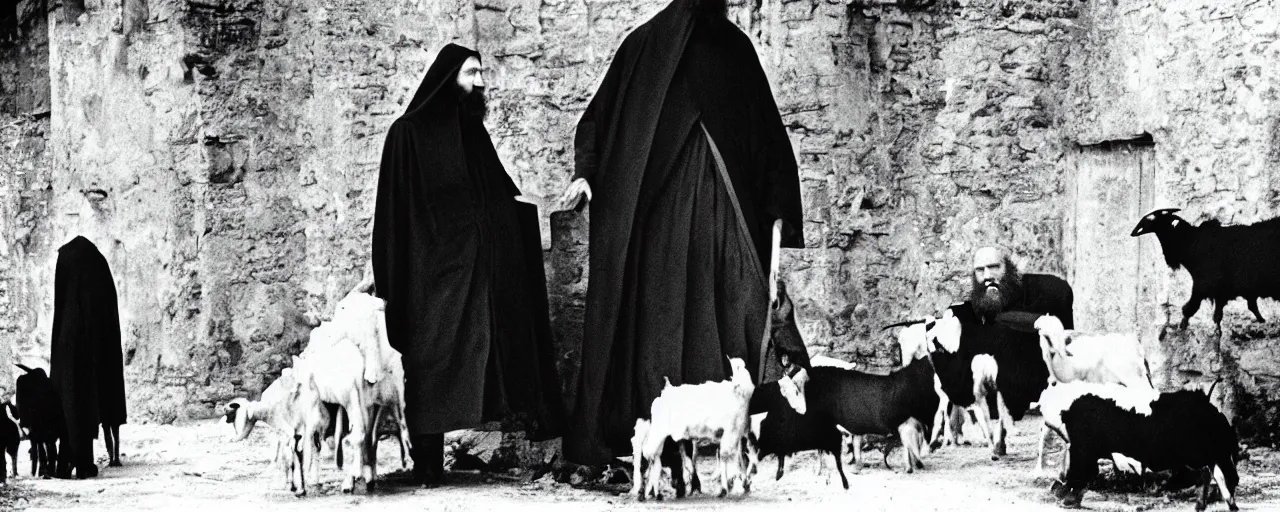 Image similar to still of breaton monks looking like rasputin with a goat from movie stalker ( 1 9 7 9 ) by andrei tarkovsky, polaroid