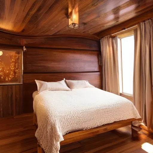 Image similar to Cozy bedroom aboard a flying ship twilight stars soft bed blankets wood paneling hyperrealism