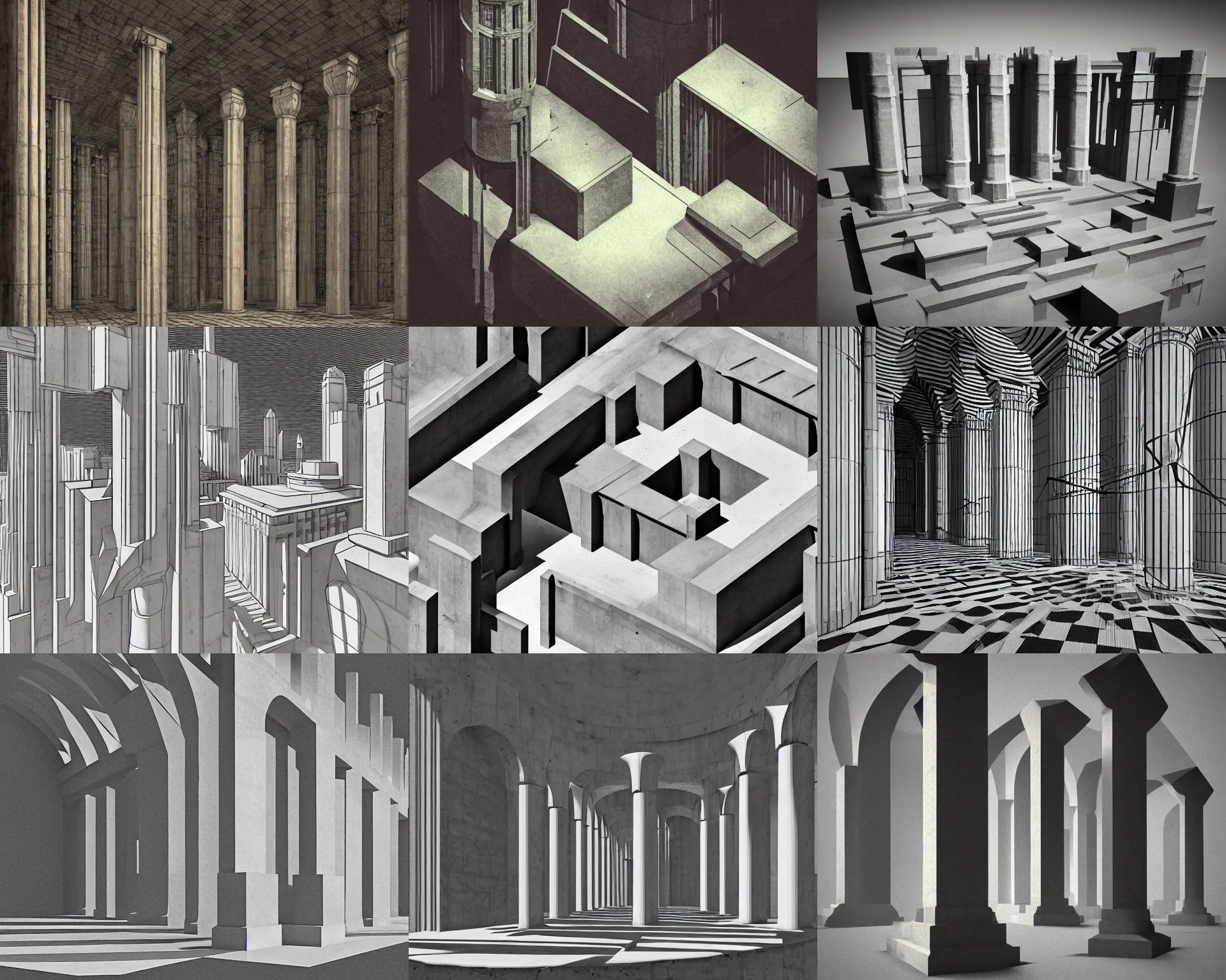 Prompt: illustration in the style of Hugh Ferriss and Giorgio de Chirico, brutal concrete interiors, surrealistic roman architecture, aerial spaces, archs and columns, geometrical forms, pittura metafisica, high contrast light and shadows, low poly, 3d render, volumetric light