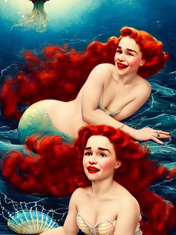 Image similar to Emilia Clarke with red hair as the little mermaid, a beautiful art nouveau portrait by Gil elvgren, beneath the ocean waves glowing jellyfish environment, centered composition, defined features, golden ratio, intricate seashell jewelry that glows, bubbles