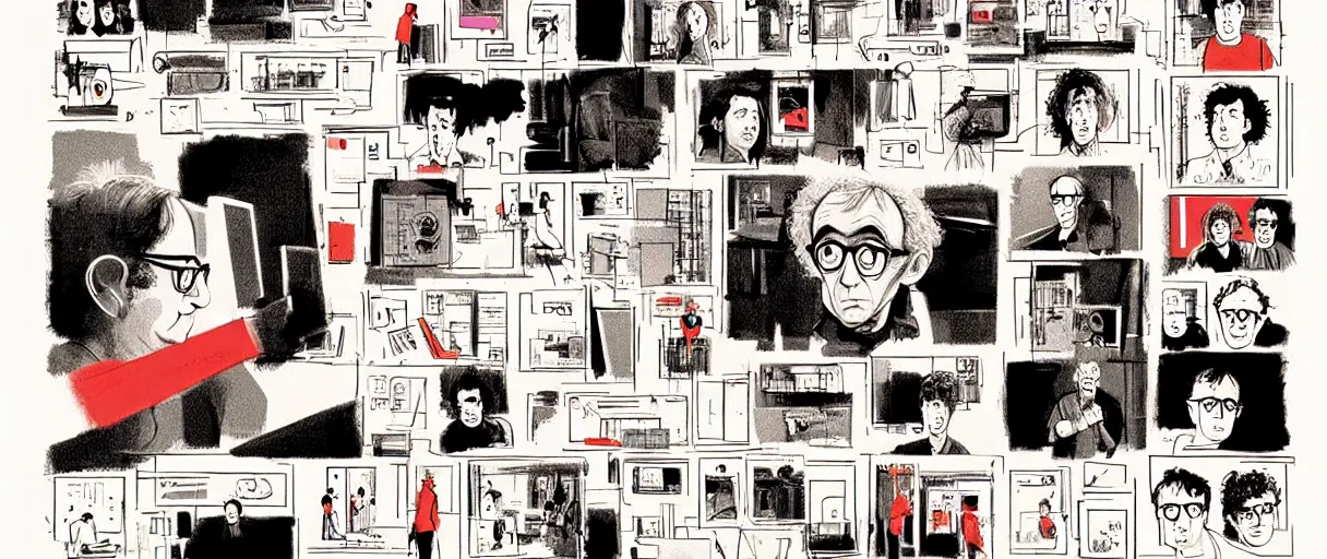 Prompt: character study of todd solondz mixed with charlie kaufman and woody allen | vivid colors : storyboard, dramatic and emotional, concept design, realistic. by gabriel hardman, joe alves, j. todd anderson, chris bonura. cinematic atmosphere, detailed and intricate, perfect anatomy