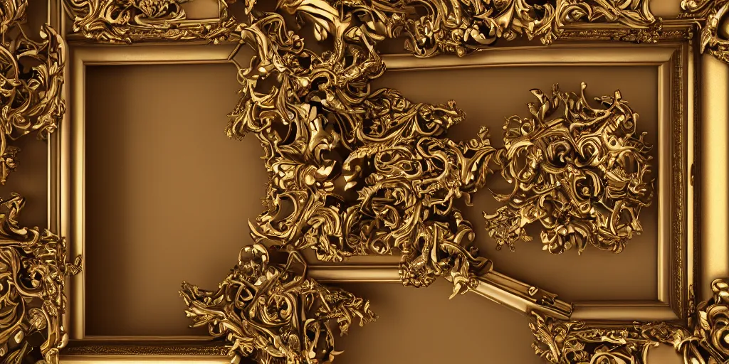 Prompt: 3 d octane render ultra photorealistic hyper detailed top view of a baroque picture frame