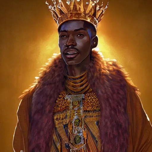 Image similar to an african king wearing a robe made from a lion pelt and a gleaming crown of light, kemetic, D&D, fantasy, intricate, elegant, highly detailed, digital painting, artstation, concept art, matte, sharp focus, illustration, art by Artgerm and Greg Rutkowski and Alphonse Mucha