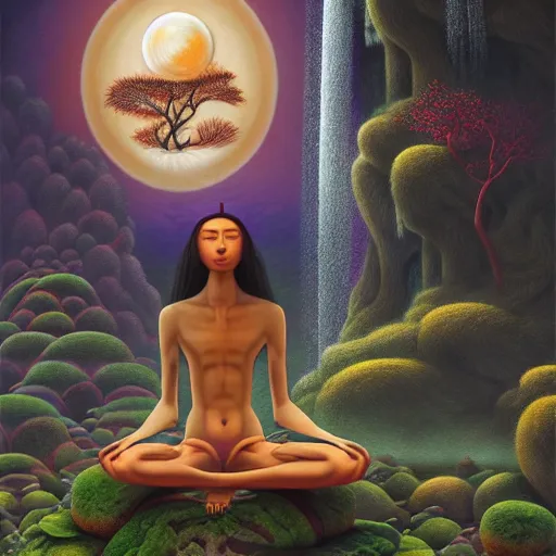 Image similar to a werewolf meditating in a zen garden with a waterfall under the blood moon, by Adi granov and afarin sajedi and amanda sage and evgeni gordiets and Agostino Arrivabene in a psychedelic portrait style, ultrarealistic matte painting, volumetric lighting, fractal, extremely symmetrical, highly detailed face, orisha, 8k, hd