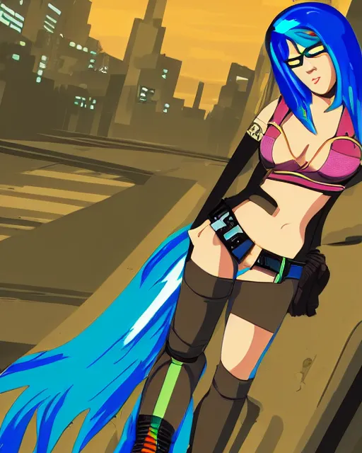 Image similar to cel shaded art of a pretty blue haired girl, jet grind radio graphics, cyberpunk city street background