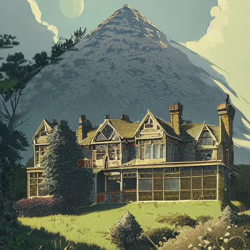 Prompt: illustration of an old victorian mansion, with beautiful mountain heather growing around it, large windows, greg rutkowski, mcbess