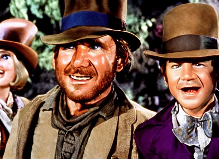 Prompt: film still of indiana jones in Willy Wonka's and the Chocolate Factory 1971