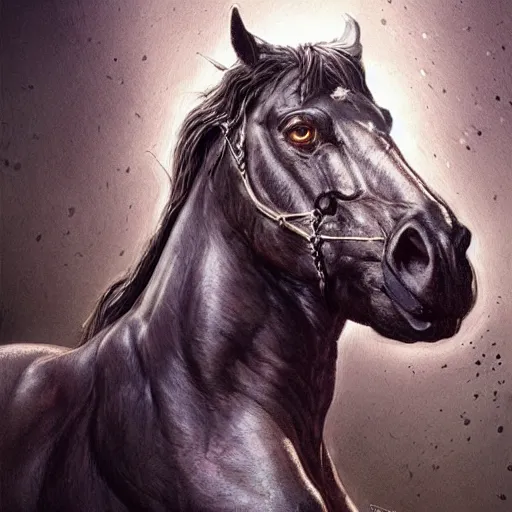 Image similar to an enormously muscular horse at a research facility doffed in leather, highly detailed, digital painting, artstation, concept art, illustration, art by artgerm and greg rutkowski and wlop