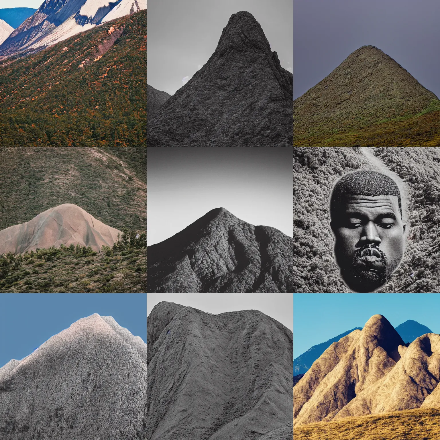 Prompt: Mountain shaped like Kanye West's head, landscape photograph