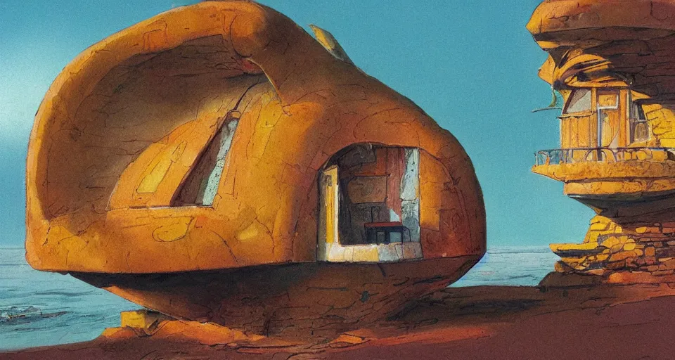 Prompt: seashell house, still life, concept art by bill sienkiwicz and john harris, triadic color scheme