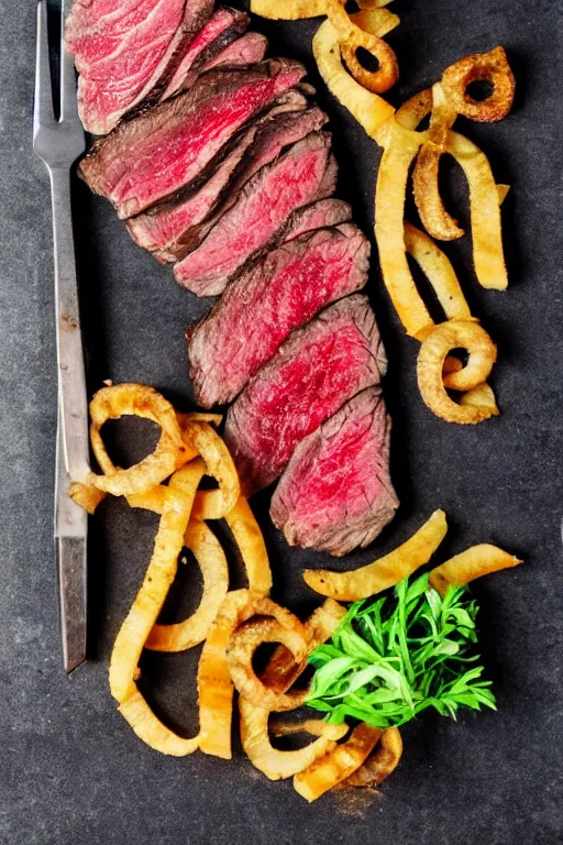 Prompt: Flat lay of a beautifully cooked steak with curly fries. Photography. Food. Picture. Instagram. Foodie. 50mm.