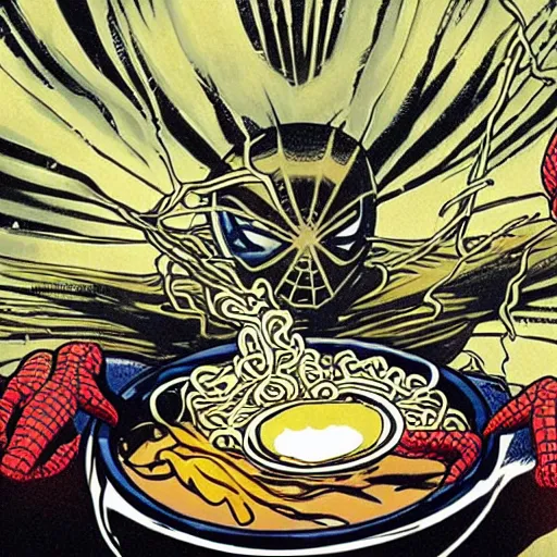 Prompt: spiderman eating ramen, H.R. Giger, creepy, found footage, liminal space