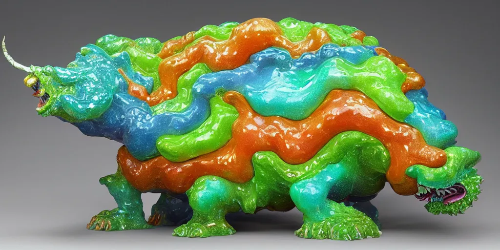 Prompt: a friendly kaiju made of porous rainbow gelatinous fleshy blobs, in the style of a ceramic masterpiece. The kaiju is smashing through an art museum gift shop!