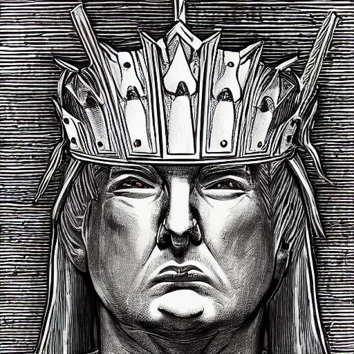Image similar to knights armor, donald trump, crown, donald trump's face, detailed face, posing with a sword, by hans thoma