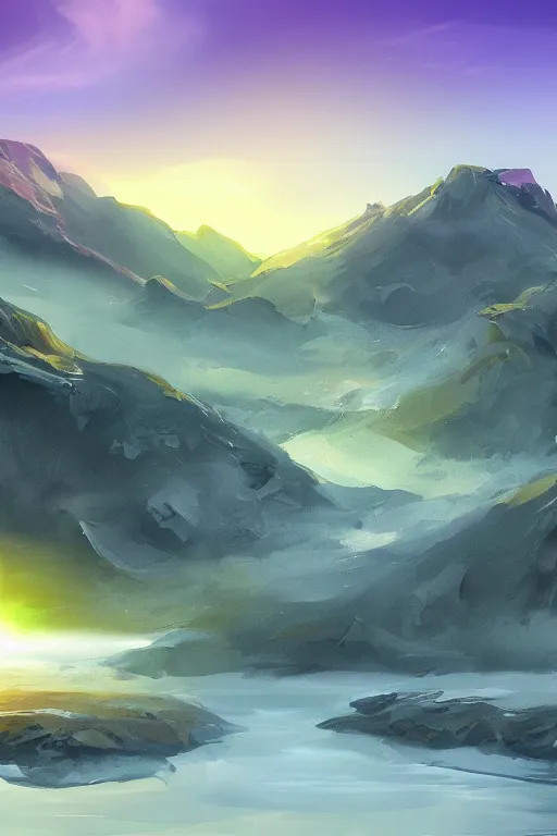 Prompt: sunrise mountain water digital art by arti chauhan trending on artstation