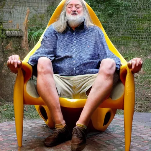 Image similar to robert wyatt sitting on a big spider - chair