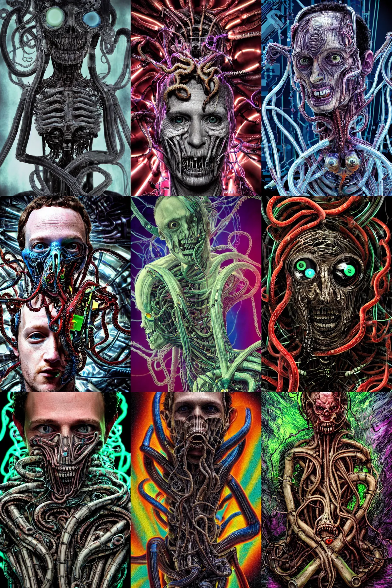 Prompt: mark zuckergberg! in the style of h. r giger as a cyborg with flailing tentacles made of ethernet cables, inhaling the souls of humanity, brilliant colors, depth of field, bokeh