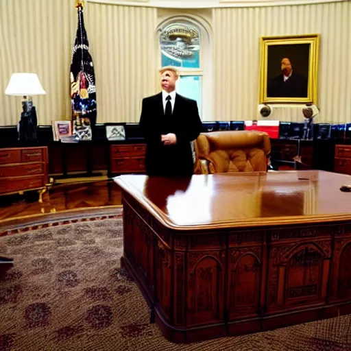 Prompt: Eminem in the president's office in the White House, photorealistic, high definition, cinematic lighting,