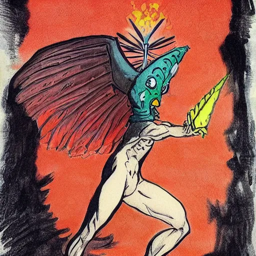 Image similar to ripped physique winged man disguised as a mothra whilst wearing a traffic cone hat transmetropolitan jen bartel winslow homer darick robertson staedtler