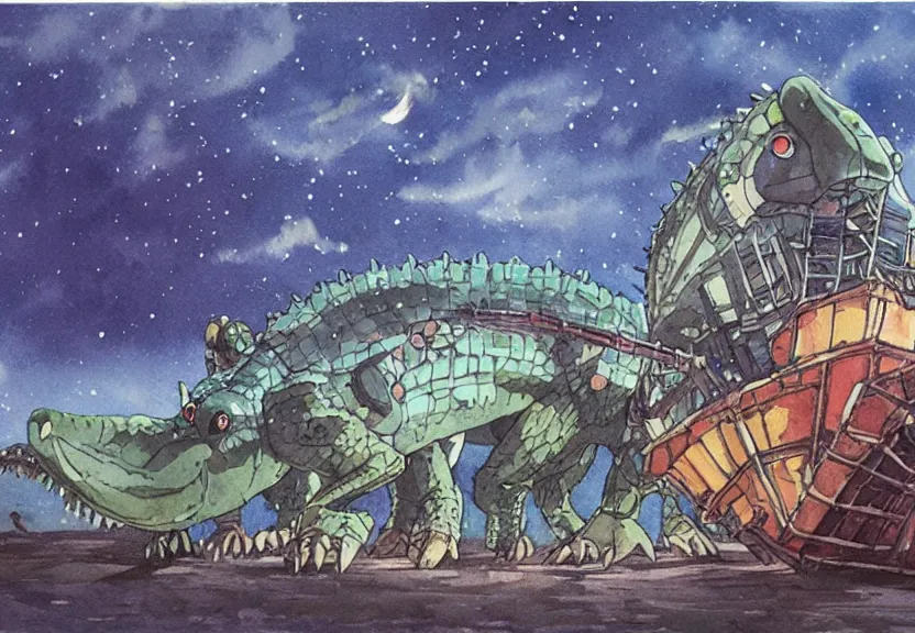 Image similar to a hyperrealist watercolor concept art from a studio ghibli film showing a giant mechanized crocodile from howl's moving castle ( 2 0 0 4 ). a pyramid is under construction in the background, in the rainforest on a misty and starry night. a ufo is in the sky. by studio ghibli