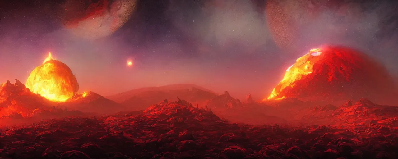 Image similar to ” outer planet with volcanoes, [ art by paul lehr, cinematic, detailed, epic, widescreen, opening, establishing, mattepainting, photorealistic, realistic textures, octane render ] ”