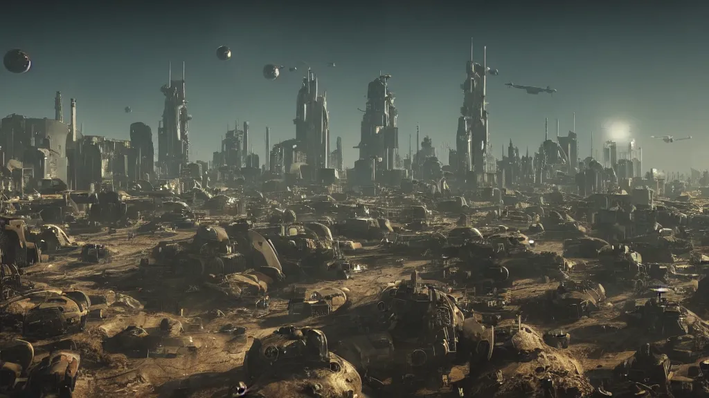 Prompt: hundreds of spaceships launching vertically in a wasteland, post-apocalyptic cityscape in background, hyperrealistic, Cryengine 8k UHD