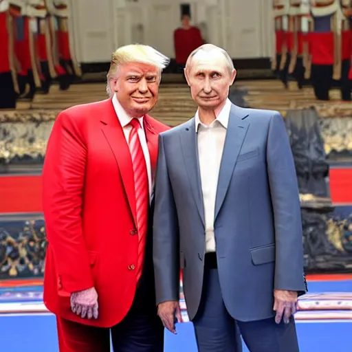 Prompt: donald trump posing in a red addidas track suit next to vladimir putin