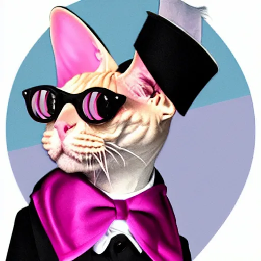 Prompt: pink sphynx cat in top hat and monocle