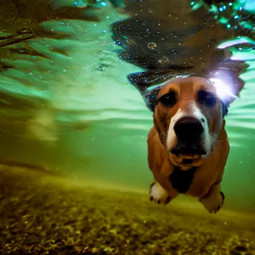 Image similar to dog underwater photography and light scattering, water refractions turned out impressive imho,