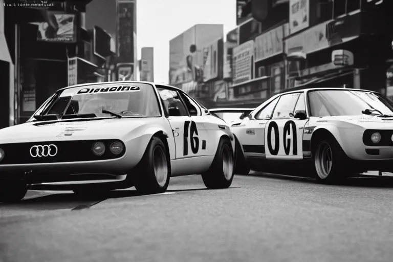 Image similar to single racecar 1 9 6 8 audi quattro, bmw m 1, movie still, vintage footage on tokyo streets, volumetric lighting, f 8 aperture, cinematic eastman 5 3 8 4 film