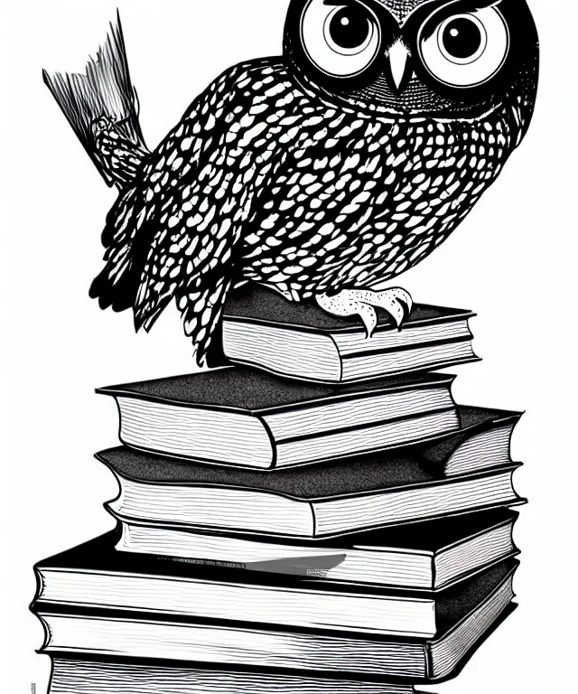 Image similar to owl perched on top of a stack of books, art by james o barr, black ink, black and white, vector, vector art