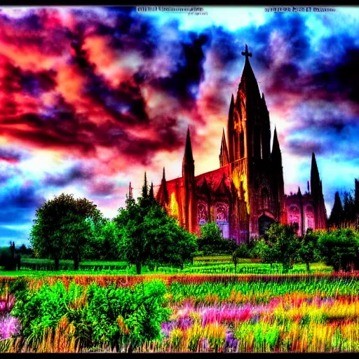 Image similar to Magic Cathedral in the clouds at sunset colorful beautiful heavenly HDR Photorealistic