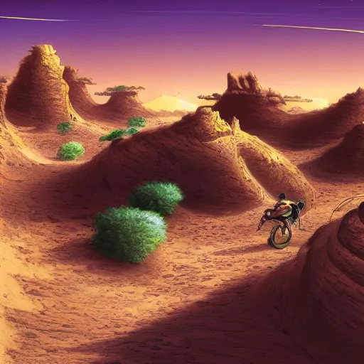 Image similar to porcelain fort, alien desert, multiple suns, lush desert flora, some riders off in the distance, wide angle, late afternoon, 4 k, illustrated by moebius, highly highly highly detailed, saturated