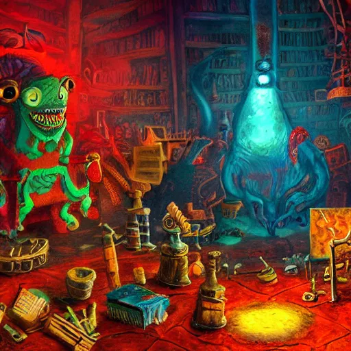 Image similar to these monsters are consumed by fire, yet they remain unharmed. they are surrounded by the tools of the alchemist's trade - beakers and test tubes full of colorful liquids, crystals, and books of ancient knowledge. the scene is suffused with an eerie glow, as if something magical is happening here.