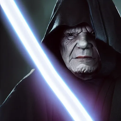 Image similar to darth sidious with lightsaber, heavy rain, lightning, moody lighting, shallow depth of field,