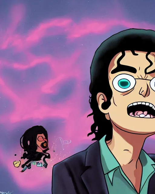 Image similar to portrait of michael jackson in the style of justin roiland. cinematic lighting. style of rick & morty. photographic, photography. by justin roiland