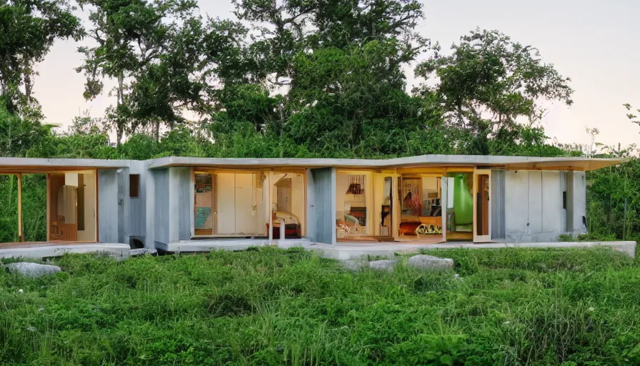 Image similar to A wide image of an eco-community neighborhood of innovative contemporary 3D printed prefab sea ranch style cabins with rounded corners and angles, beveled edges, made of cement and concrete, organic architecture, in a lush green eco community, Designed by Gucci and Wes Anderson, golden hour