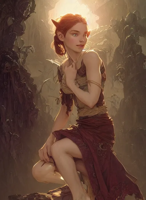 Prompt: a beautiful cute goblin girl, D&D, fantasy, intricate, cinematic lighting, highly detailed, digital painting, artstation, concept art, smooth, sharp focus, illustration, art by Terry Moore and Greg Rutkowski and Alphonse Mucha