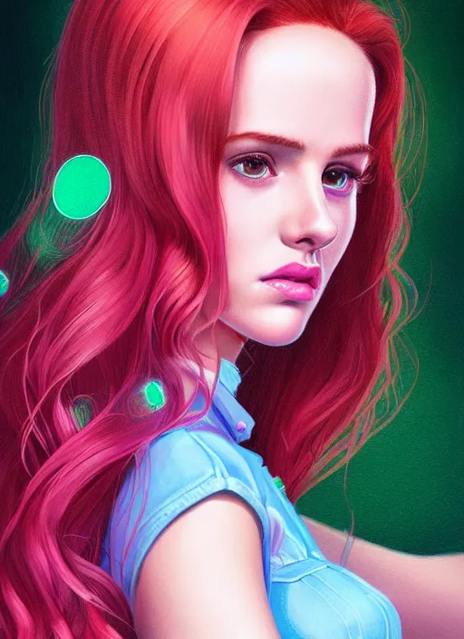 Image similar to full body portrait of teenage cheryl blossom, bangs, green eyes, sultry expression, red hair, sultry smirk, bangs and wavy hair, pink skirt, intricate, elegant, glowing lights, highly detailed, digital painting, artstation, concept art, smooth, sharp focus, illustration, art by wlop, mars ravelo and greg rutkowski