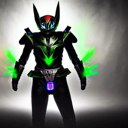 Prompt: High Fantasy Kamen Rider, glowing eyes, 4k, daytime, rubber suit, segmented armor, dark blue armor with green secondary color, tokusatsu