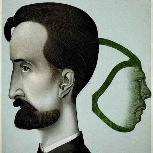 Image similar to young man, long hair!!!!, short facial hair, no mustache, dark green eyes, dark eyebrows, light widows peak light facial hair, in the style of mauritz cornelis escher, in - frame