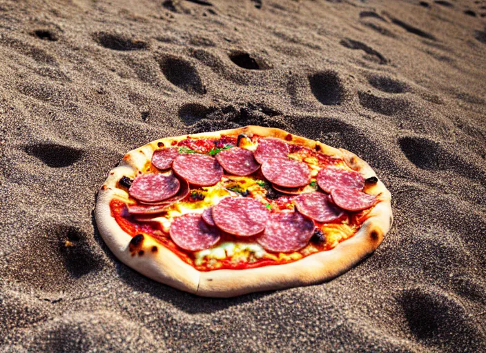 Image similar to clear highly detailed photorealistic food photograph of a wood oven cooked pizza with salami anchovies pepperoni loads of burned melted cheese lying on beach sand at sunset, waves next to it