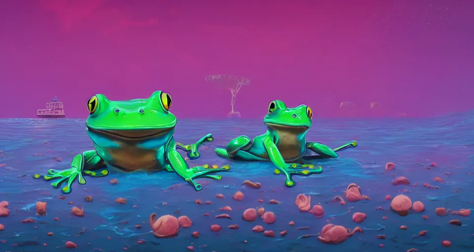 Prompt: hyper realistic cute frogs everywhere are swimming under vast sea, by simon stalenhag,, high fantasy, cgsociety, cheerful colours, full length, exquisite detail, post - processing, masterpiece, cinematic, 4 k, 8 k