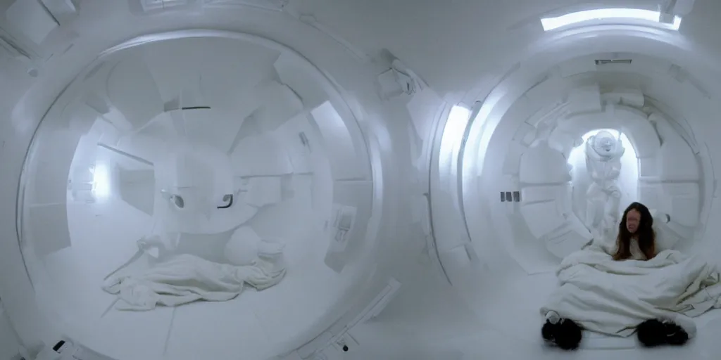 Prompt: a wide shot of Ripley sleeping inside an all-white room of cryogenic sleeping pods with glass covers by Ridley Scott, Alien movie, grainy, bluish and cream tones