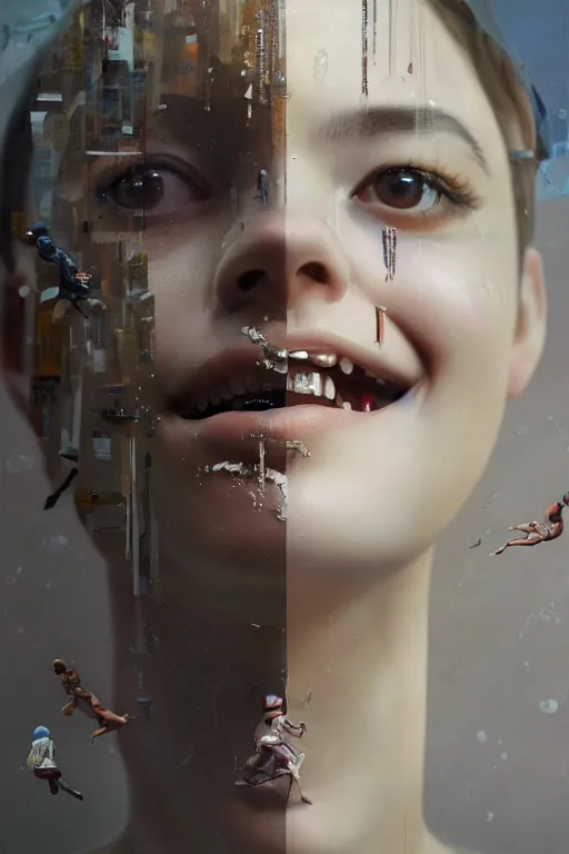 Image similar to 3 d, close - up, smiling fashion model looking up, marble, tears, poster art, intricate oil painting, high detail, figurative art, multiple exposure, poster art, 3 d, by stanley kubrick and tooth wu and wlop and beeple