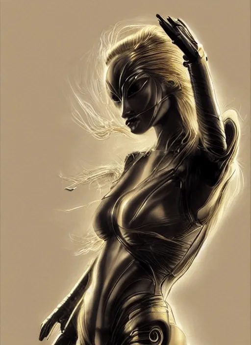 Image similar to golden pencil drawing of beautiful robot - cat woman face, goddess, beautiful blonde hair flying in the wind, hyper realistic face, in the style of greg rutkowski, fantasy, amazing detail, epic, elegant, smooth, sharp focus, from the front