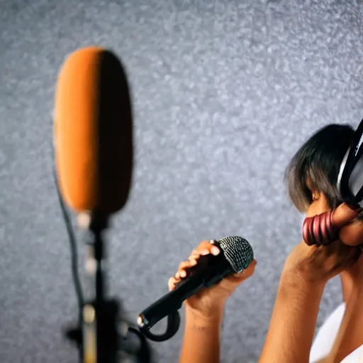 Prompt: A photograph of a bird wearing headphones and speaking into a high-end microphone in a recording studio.