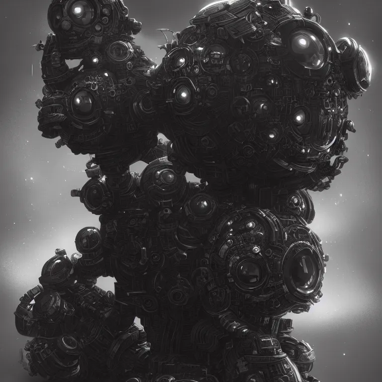 Image similar to a cinematic shot of meeboo bohtrops, hyperdimensional, mechanical, by Andy Thomas, Mario Martinez, Daniel Mirante, Gustave Dore, Artstation, CGsociety, masterpiece