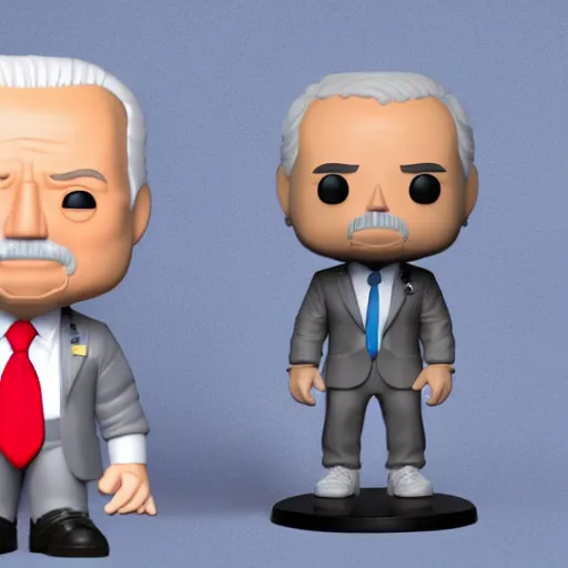 Prompt: full body 3d render of joe biden as a full body funko pop!, studio lighting, grey background, single body, no shadow, blender, trending on artstation, 8k, highly detailed